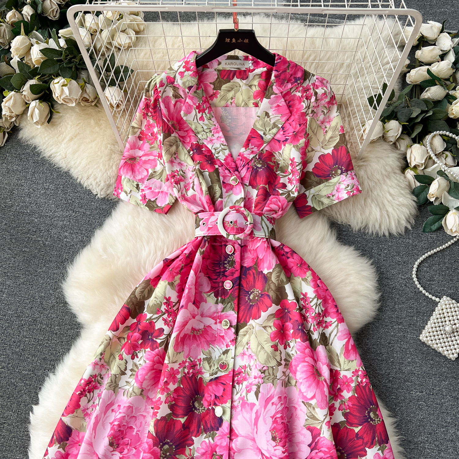 Basic Casual Women Dresses Summer Runway Beach Dress Women's Notched Collar Short Sleeve Single Breasted Floral Print Belt Long Boho Party Vestidos 2024