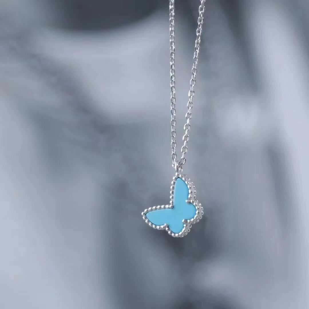 V Necklace 925 sterling silver Fanjia turquoise butterfly necklace plated with 18K white gold blue agate small butterfly bracelet earrings