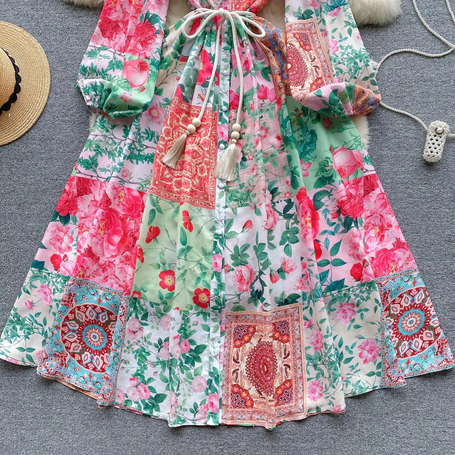 Grundläggande avslappnade klänningar 2024 Högkvalitativ vårkvinnor Fashion Runway Holiday Maxi Dress with Belt Lantern långärmad blomma Tryckt Boho Robe Vestidos