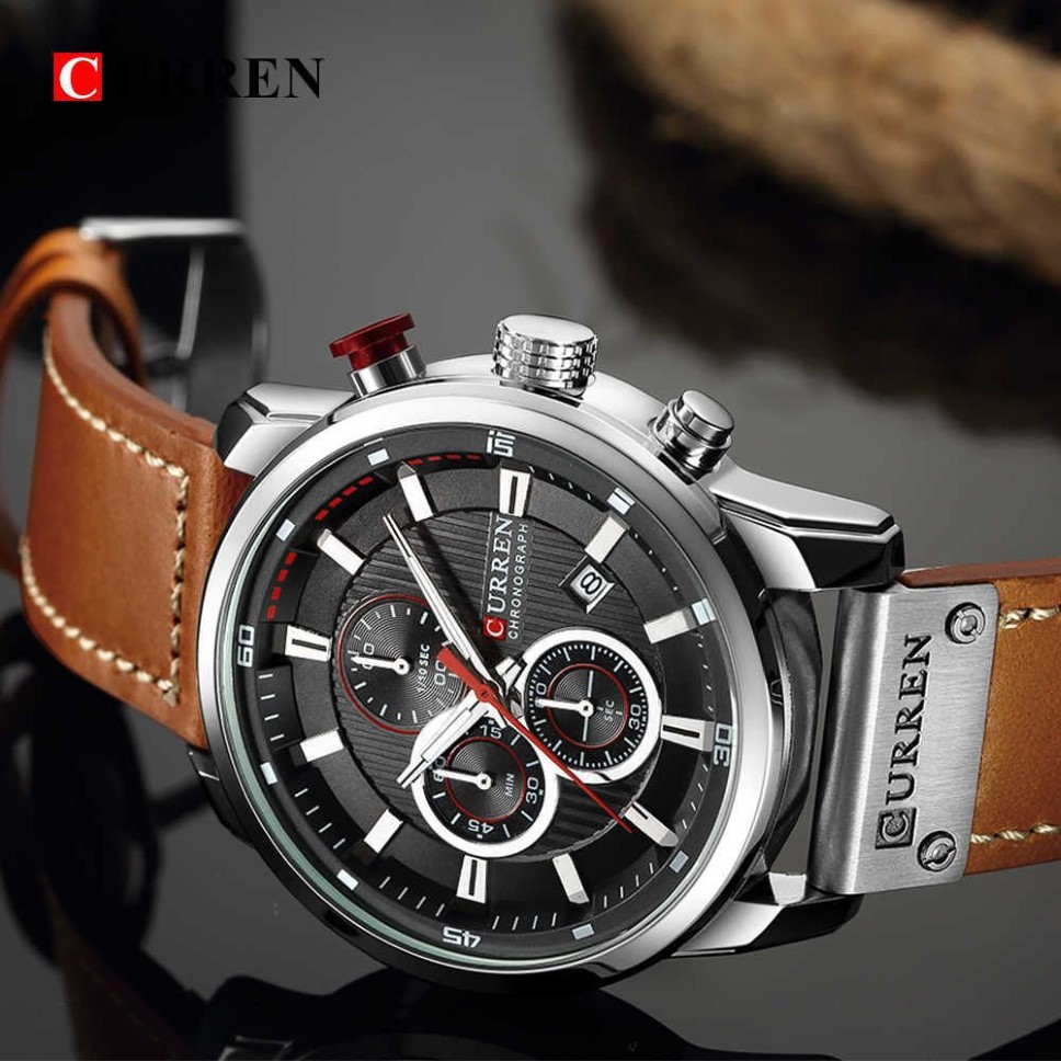 Curren 8291 Chronograph Watches Castiral Leather Watch for Men Fashion Military Sport Mens Mens紳士