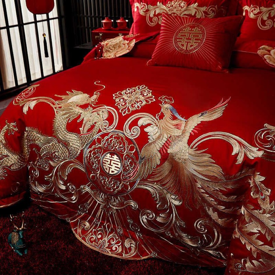 New Red Luxury Gold Phoenix Loong Embroidery Chinese Wedding 100% Cotton Bedding Set Duvet Cover Bed sheet Bedspread Pillowcases H282b
