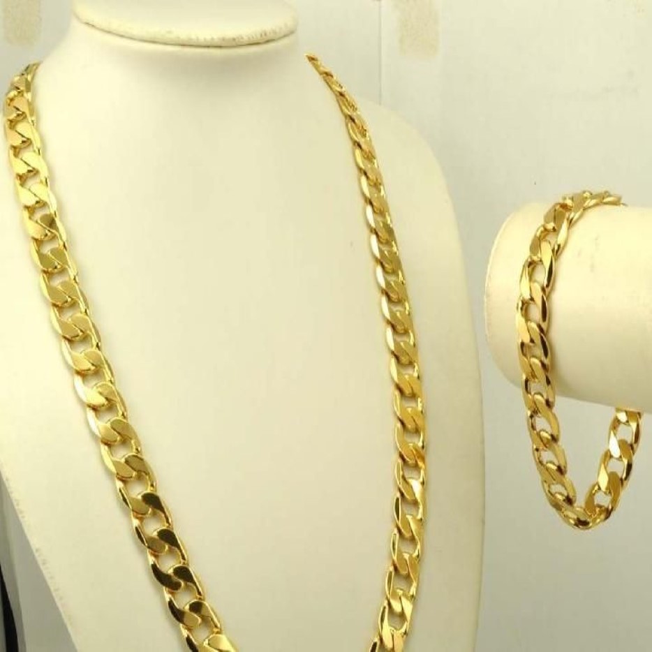 Heavy Men's 24K Real Yellow Solid Gold GF Necklace Bracelet set Solid Curb Chain jewelry SETS Classics210j