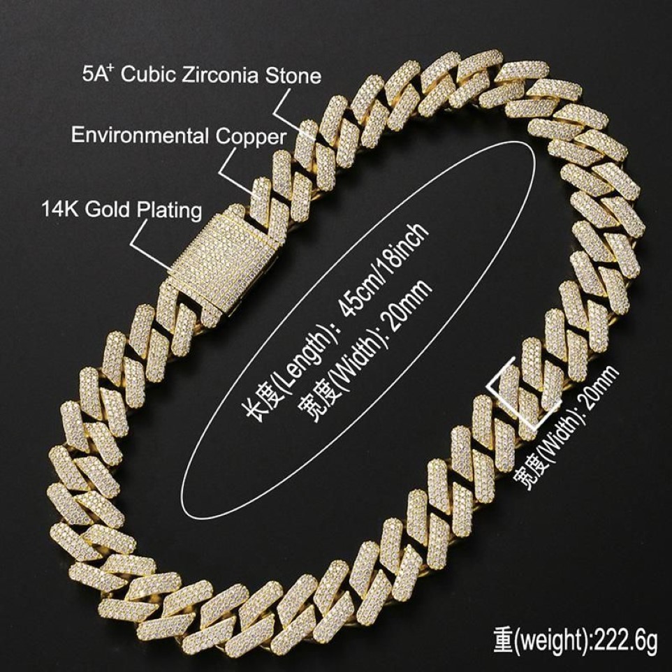 Catene 20mm Big Heavy Solid Solid Catena a maglia cubana Hip Hop CZ Pietra pavimentata Bling Iced Out Square Curb Girocolli Collane uomo Rapper Je260H