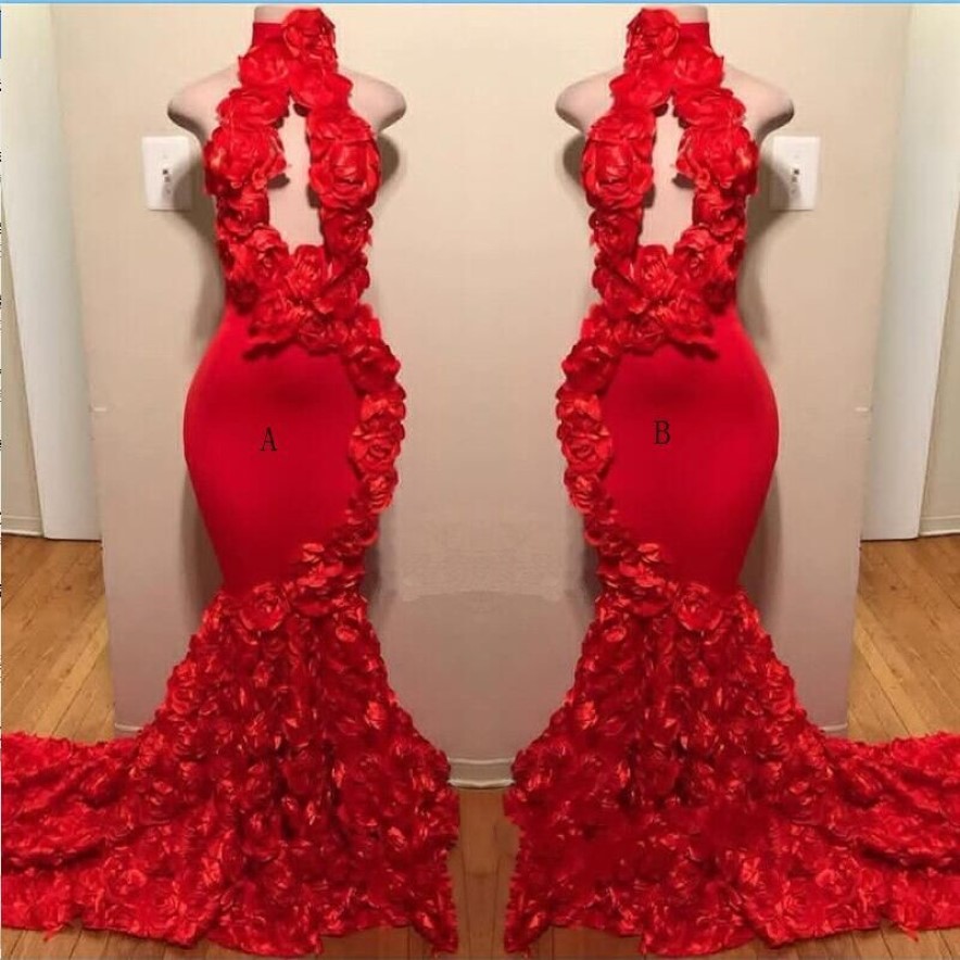 Red Rose Mermaid Dresses New Sexy High Neck Defliques رسمية سهرة فساتين المسح القطار كوكتيل حفلات الحفلات S239A