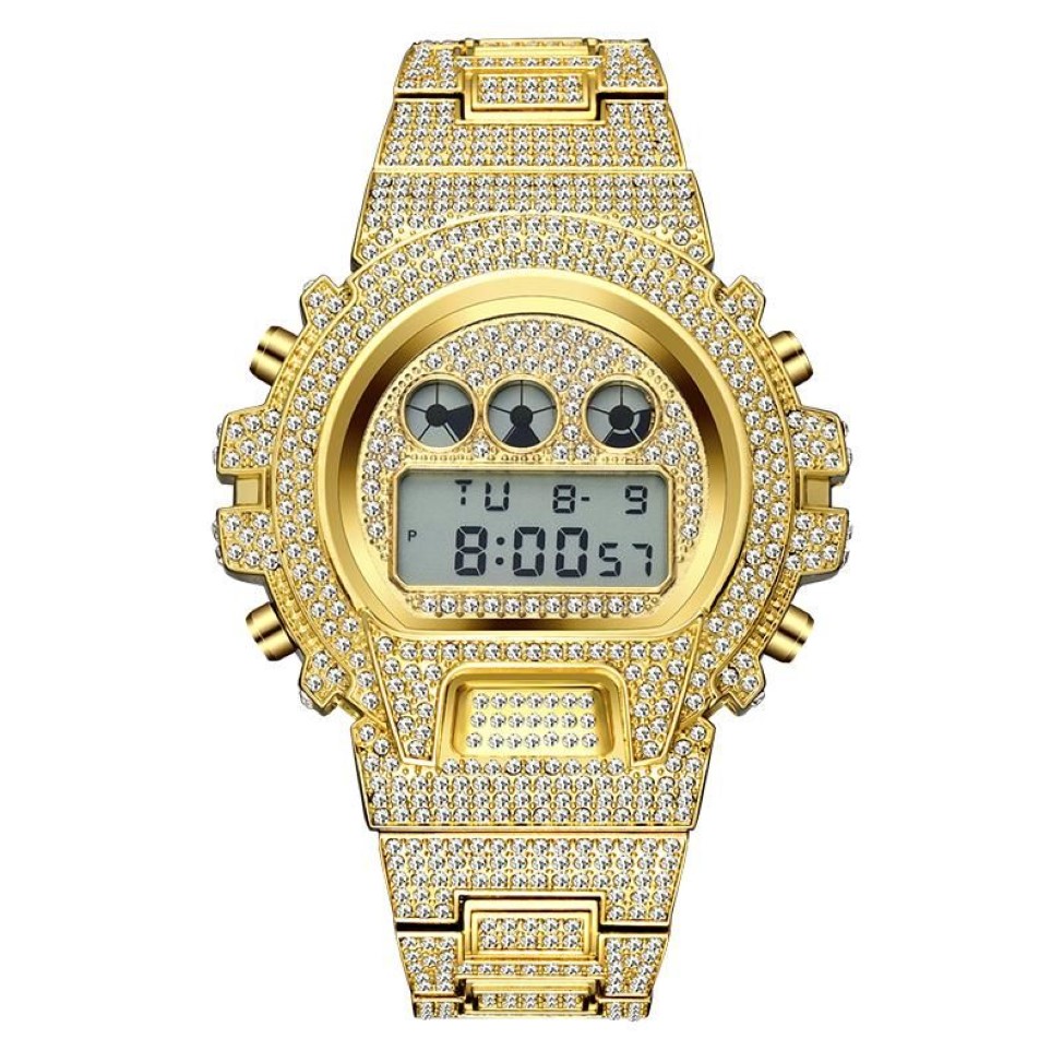 Iced Out Diamant Uhr Männer Luxus LED Digital Herrenuhren Wasserdichte Sport Armbanduhr Mann Mode 18 Karat Gold Stahl Männliche Uhr Wris281q