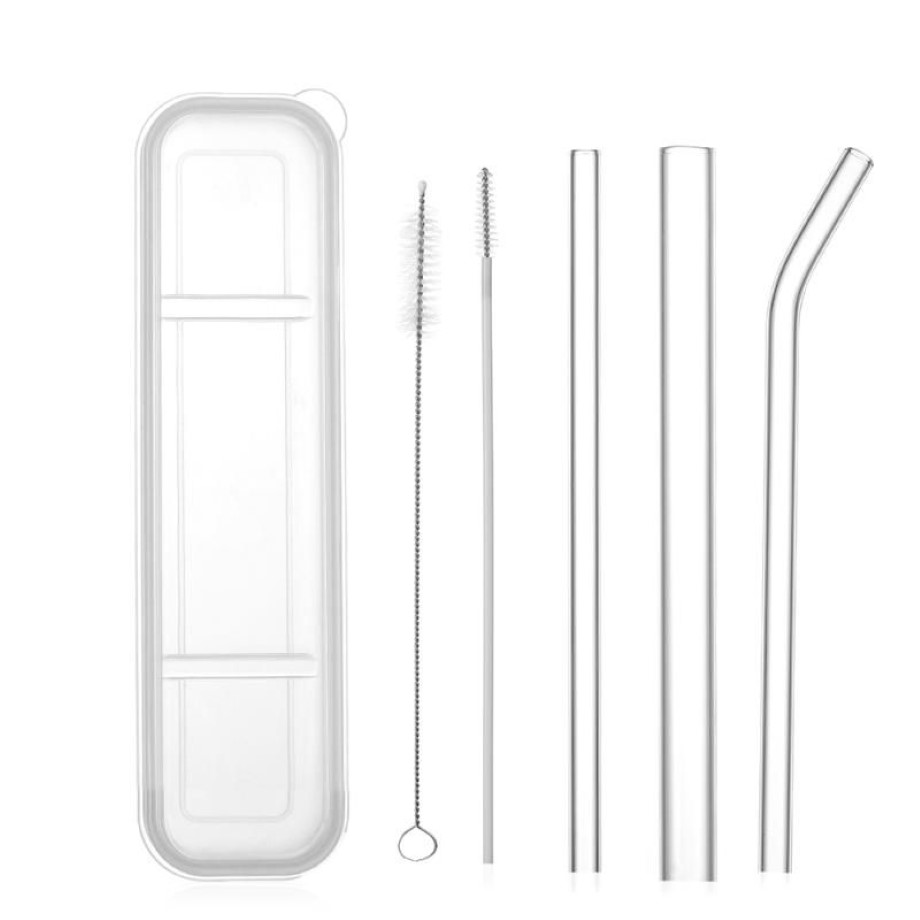 Pailles à boire 1 ensemble verre Transparent réutilisable droit plié avec brosse propre boîte en plastique fourniture de fête de mariage 2365