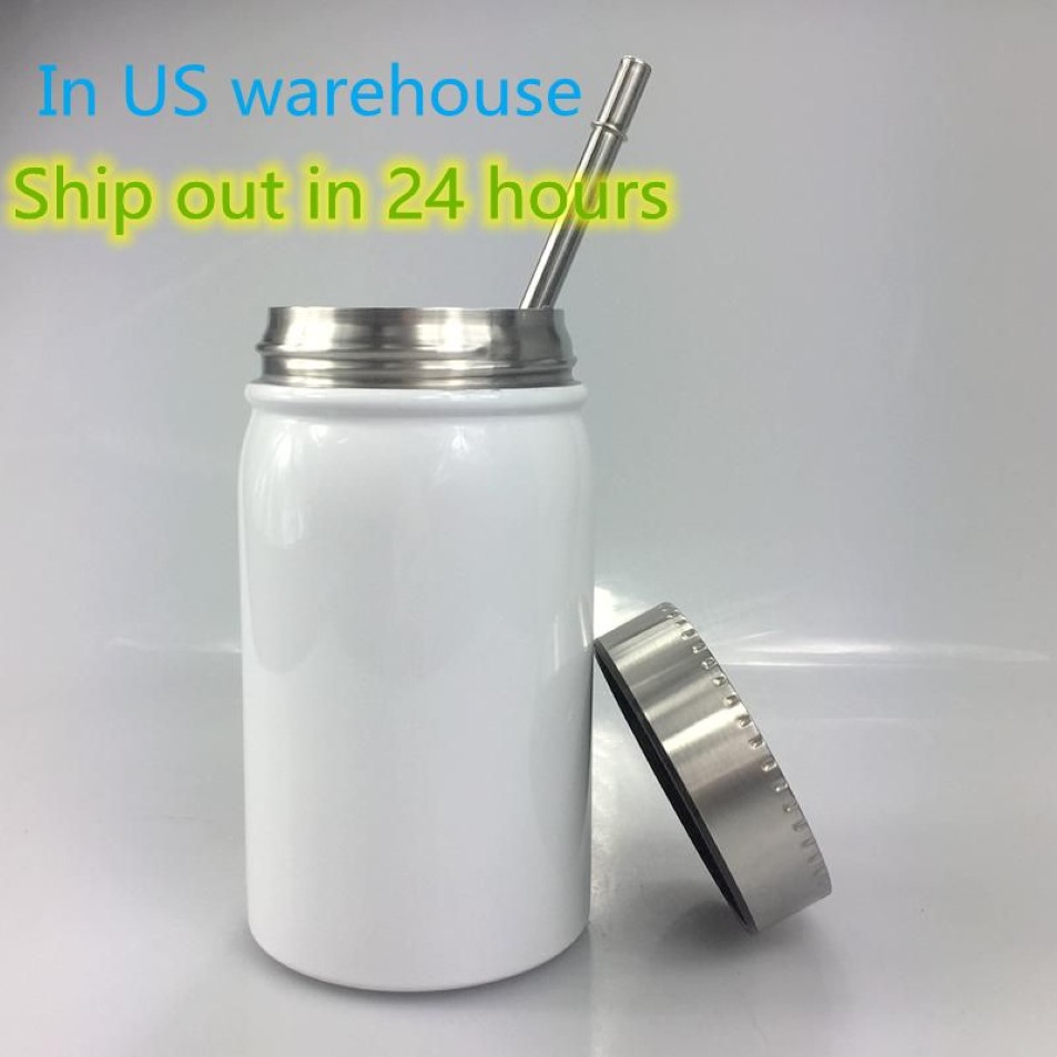 US Warehouse 500ml Sublimation Mason Jar Mugs Stainless Steel Coffee Cup Portable Heat Insulation Tumbler Dust-proof Bottle with M3225