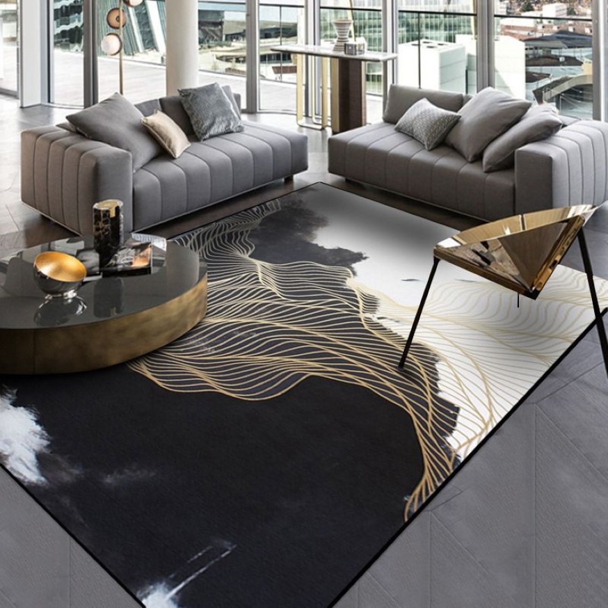 Black White Living Room Area Rugs Landscape Painting Carpet Gold Linen Hallway Tapete Bedroom Bedside Non-Slip Kitchen Carpets230T
