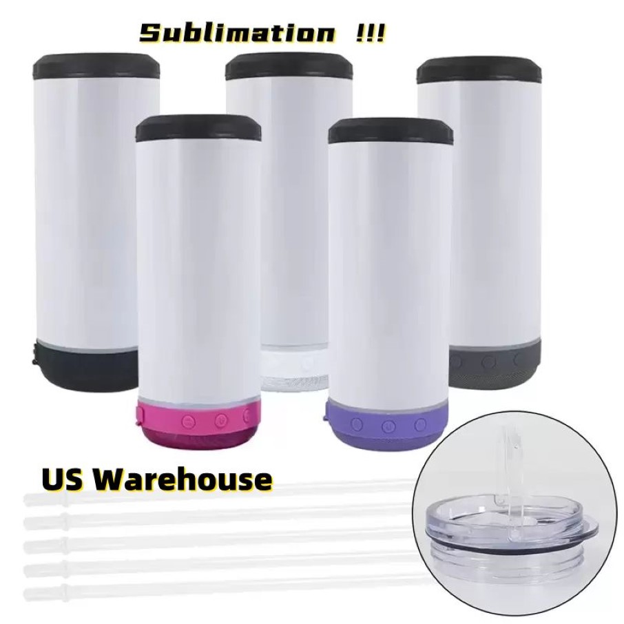 Local Warehouse 16oz 4 in 1 Sublimation Bluetooth speaker can cooler Double Wall Stainless Steel Smart Wireless Speaker Music Tumb255r