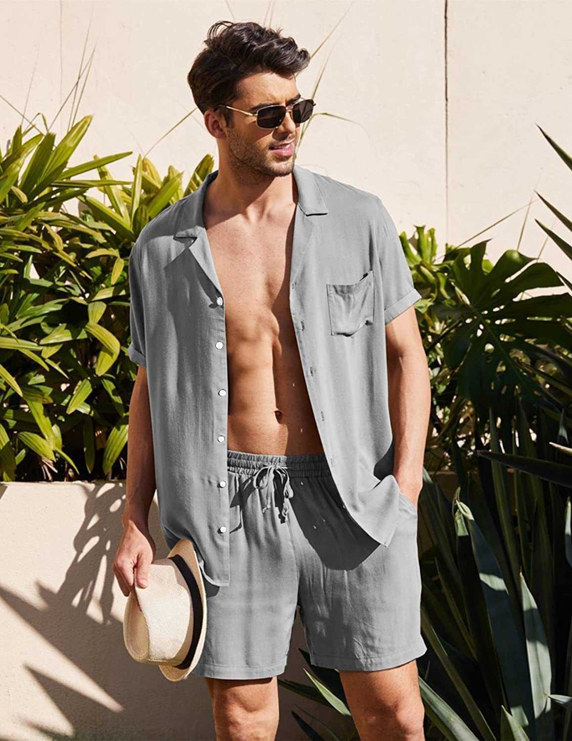 Мужская льняная рубашка с короткими рукавами, летние свободные повседневные хлопковые шорты-кардиган