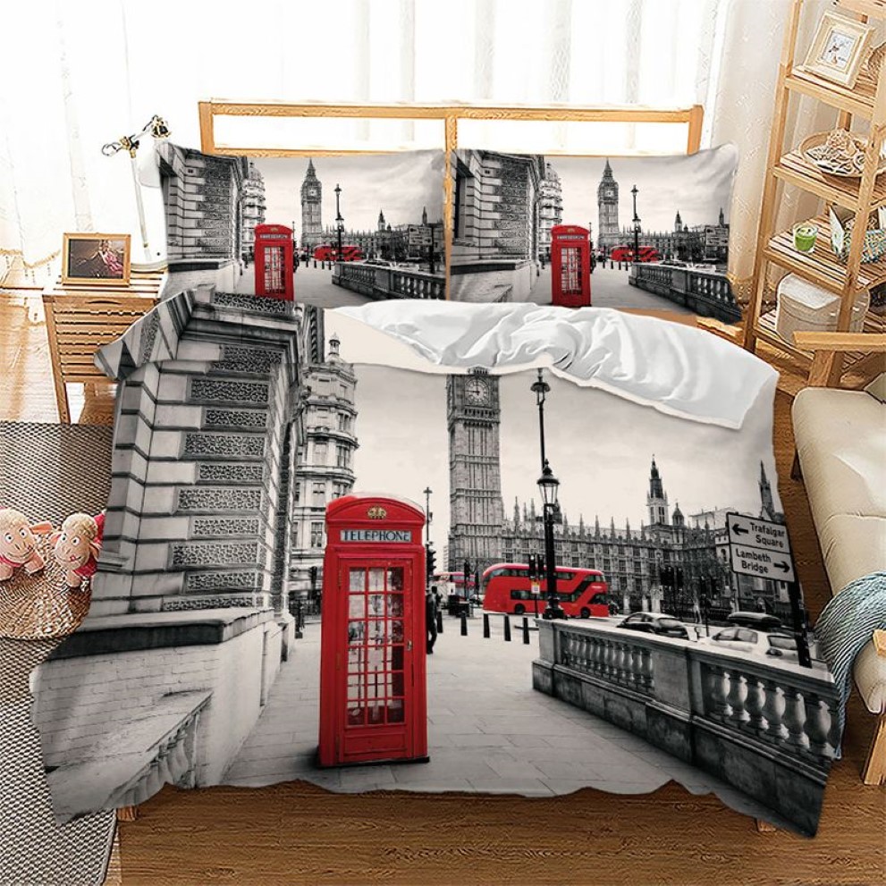 Paris Tower London City Landschap Big Ben Rode Telefooncel Bus Print Beddengoed Set Dekbed Dekbedovertrek Kussensloop US AU EU Maat 2012211v