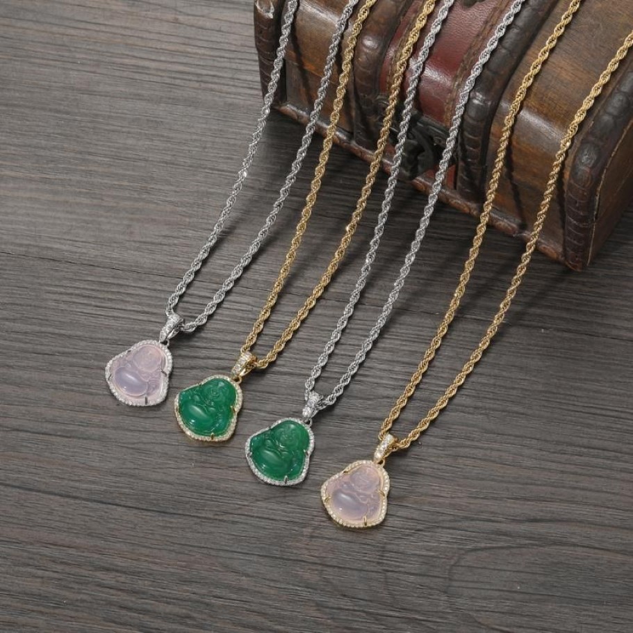 Pendant Necklaces Stainless Steel Rope Chain Micro Pave Cubic Zircon Green Natural Stone Buddha Pendants&necklace For Men And Wome340G