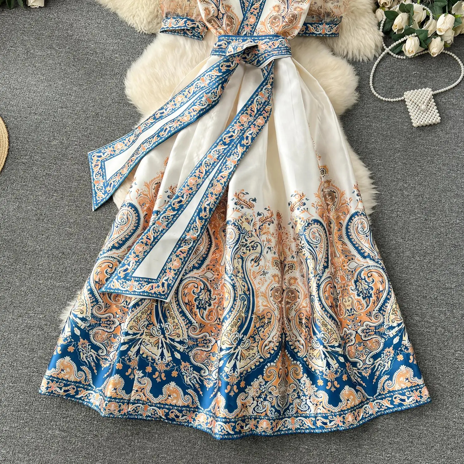 Casual Dresses 2024 Summer Semester Flower Long Dress Women Cross V-Neck kort ärm Retro Paisley Print Lace Up Maxi Robes Vestidos