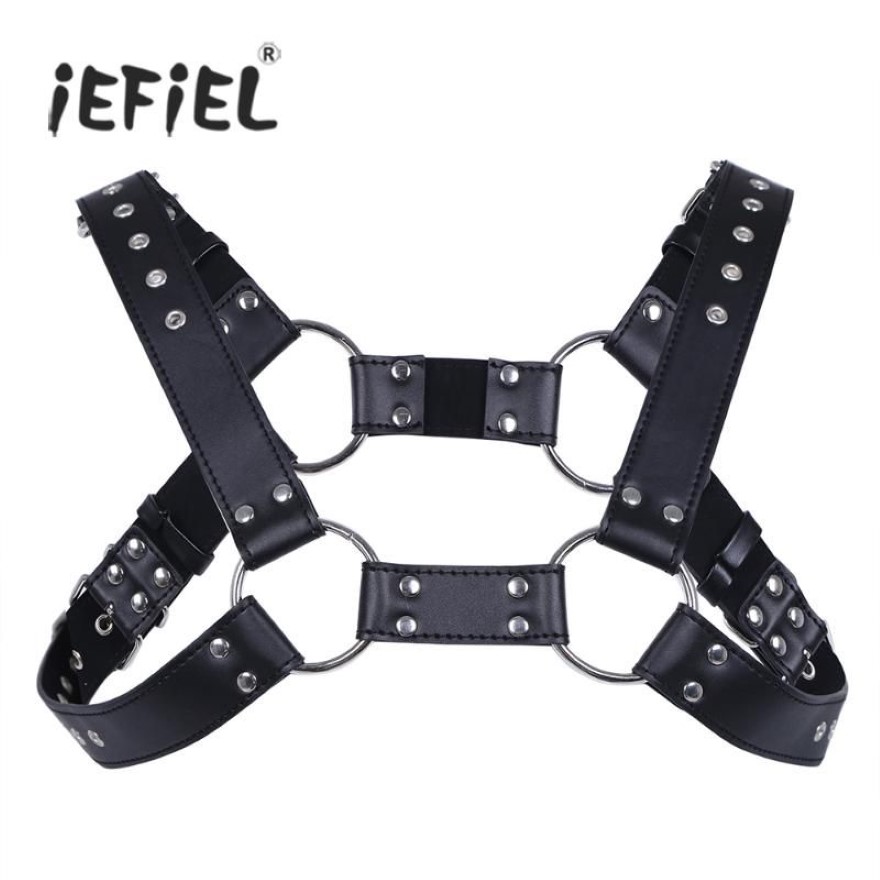 Cintos IeFiel Sexy Men Lingerie Faux Couro Ajustável Corpo Harness Bondage Traje com Fivelas para Roupas Masculinas Acc294W