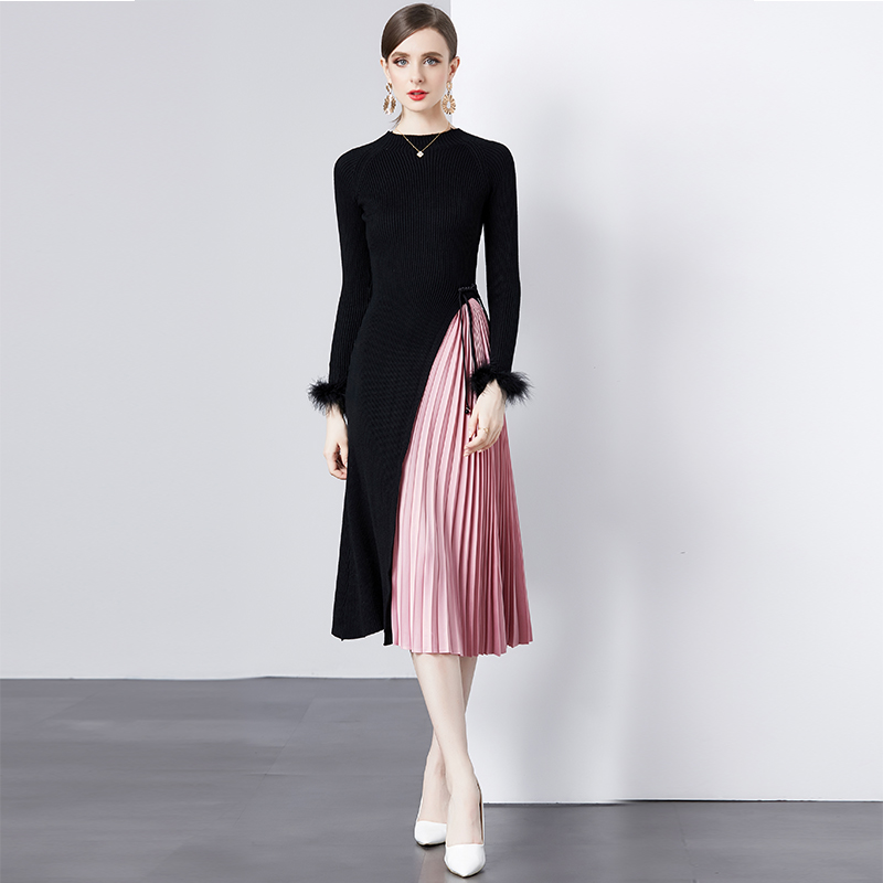 Women Casual Dresses Fashion Designer Women's Knitted Patchwork Pleated Dress Autumn Knitting Long Ostrich hair Sleeve O Neck Belt Midi Dress 2024