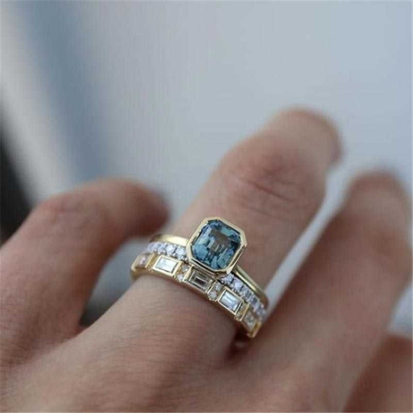3 pçs ácido azul anéis de cristal para mulheres moda amarelo ouro cor casamento anel feminino marca luxo jóias presentes acessórios 237j