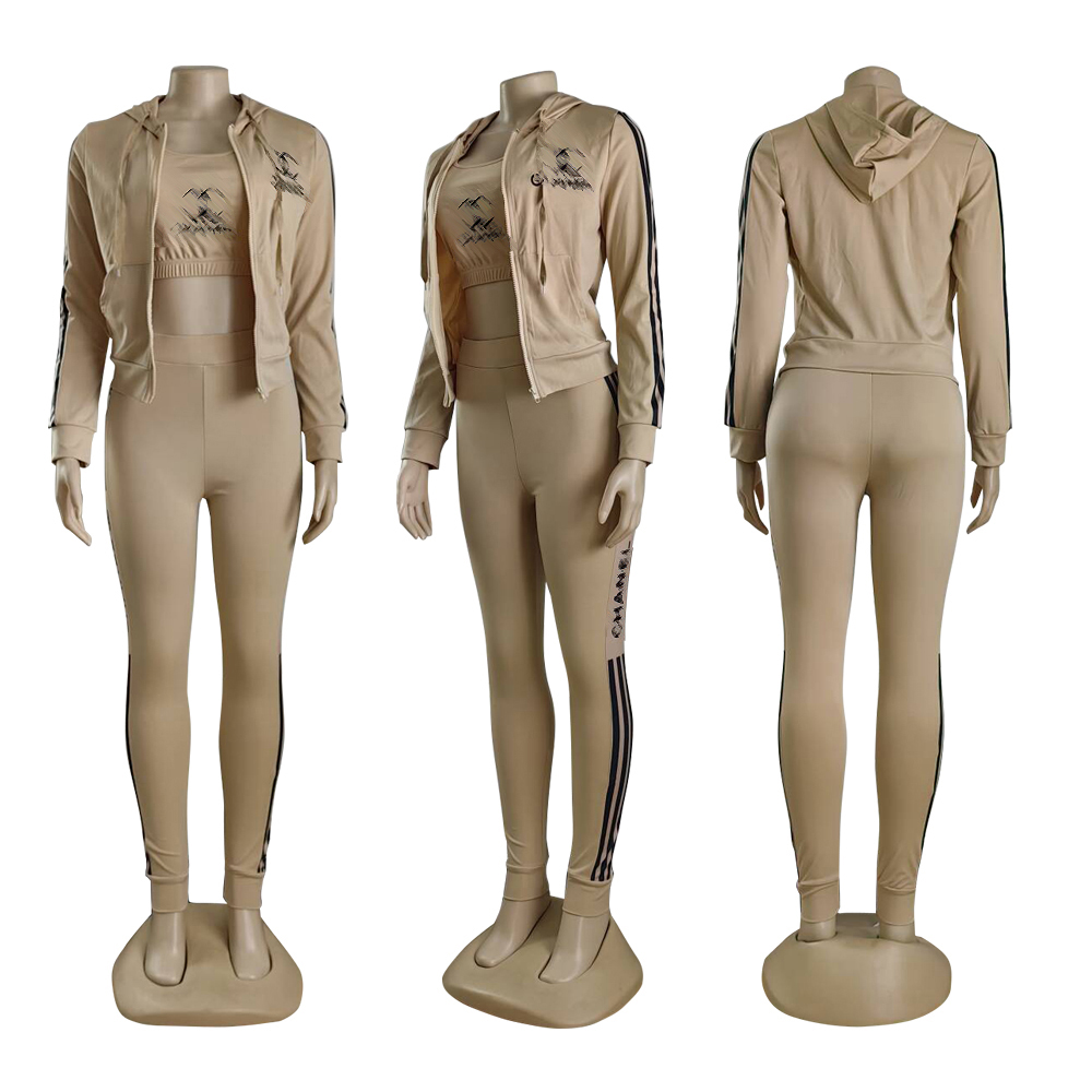 Kvinnors sportdräkt Casual Pants Women's Jogging Three Piece Set Designer Khaki långärmad huva och snygga byxor sportkläder kostym gratis fartyg