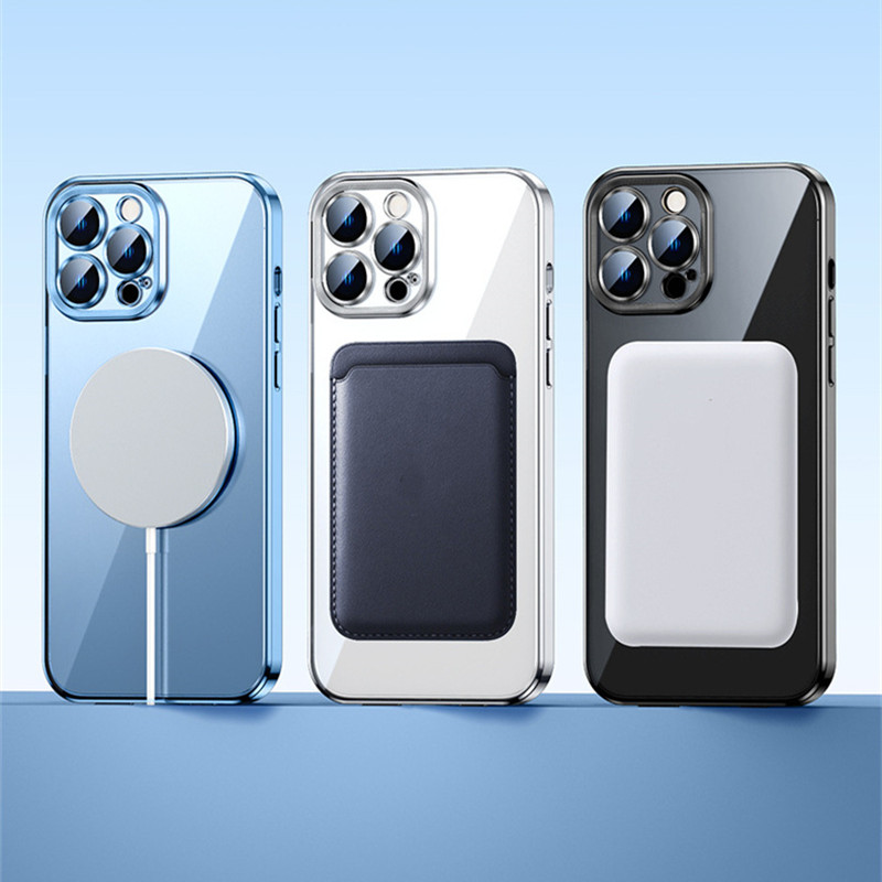 Capas de telefone de carregamento magnético sem fio de luxo Magsafe para iPhone 15 14 13 12 11 Pro Max Samsung S24 S23 S22 Capa protetora de lente de silicone transparente