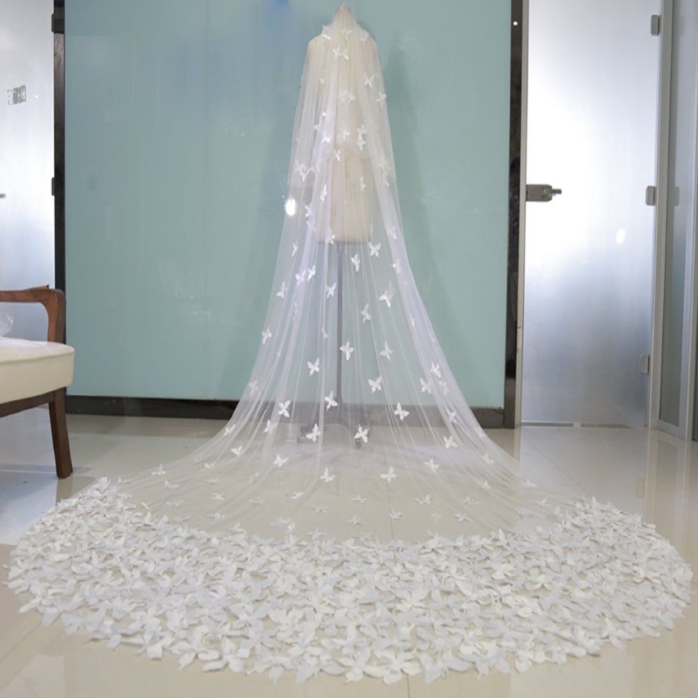 Longs voiles de mariée blanc ivoire 3D dentelle papillon floral deux couches de luxe cathédrale longueur 3M mariées voile de mariage avec peigne 100% Re263Y
