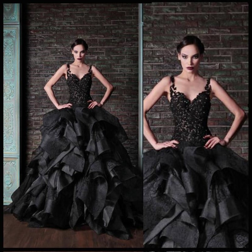 Rami Kadi Black Ball Gown Prom Dresses Tiered Ruffles Vintage Lace Spaghetti Puffy Prom Dresses Low Back Pageant Party Gowns262z