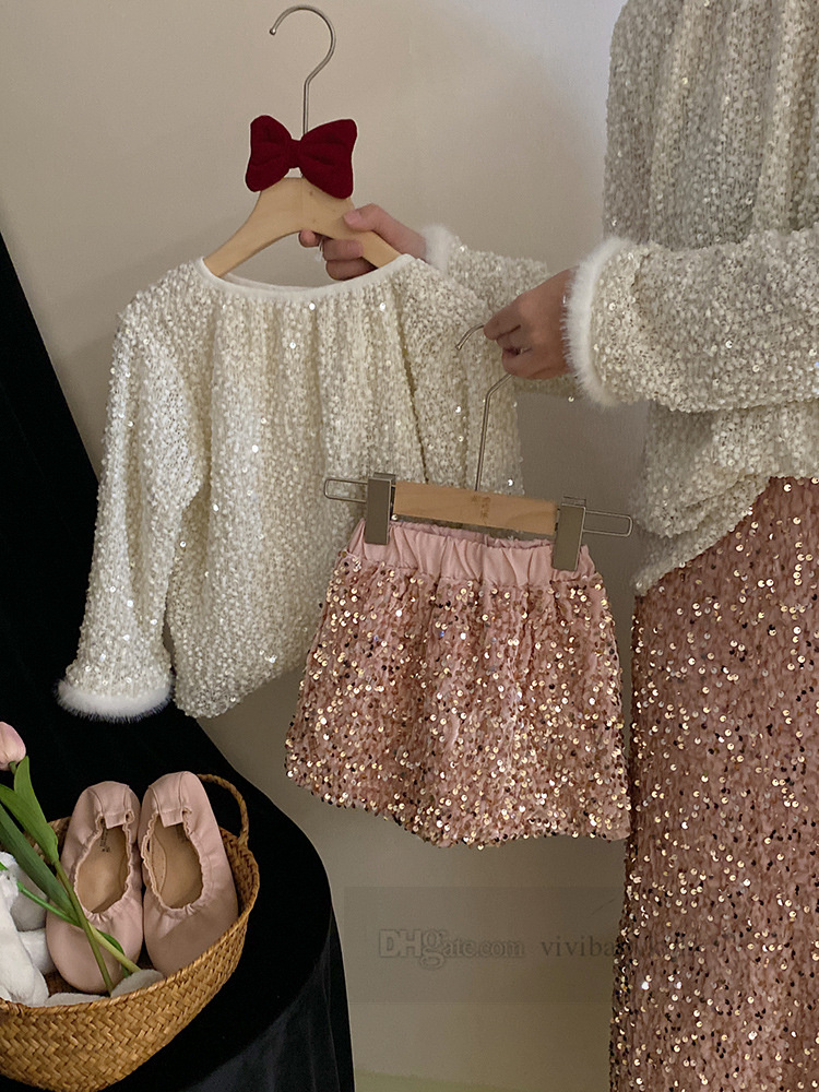 Sweet Girls bling paillettes gonne rosa bambini colletto tondo peluche pullover a maniche lunghe 2024 primavera bambini vestiti da principessa Z7073