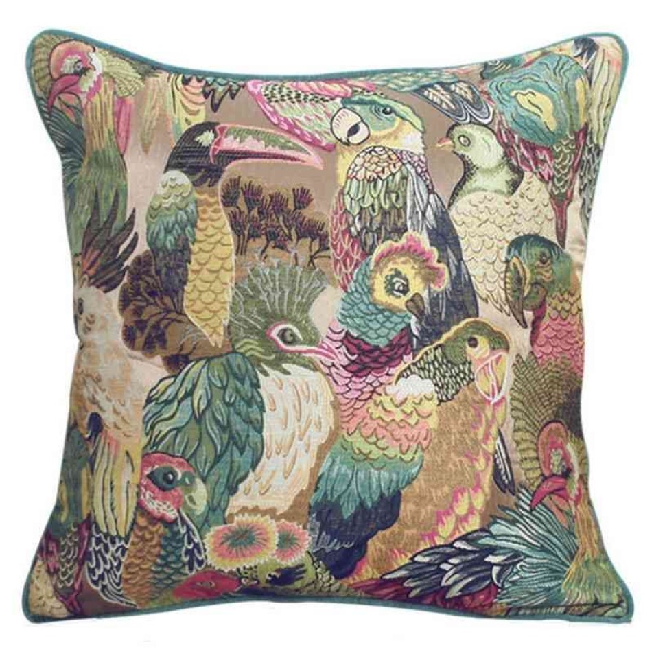 DUNXDECO Cushion Cover Decorative Pillow Case Modern American Style Jungle Birds Parrot jacquard Art Design Coussin Sofa Decor 210292y