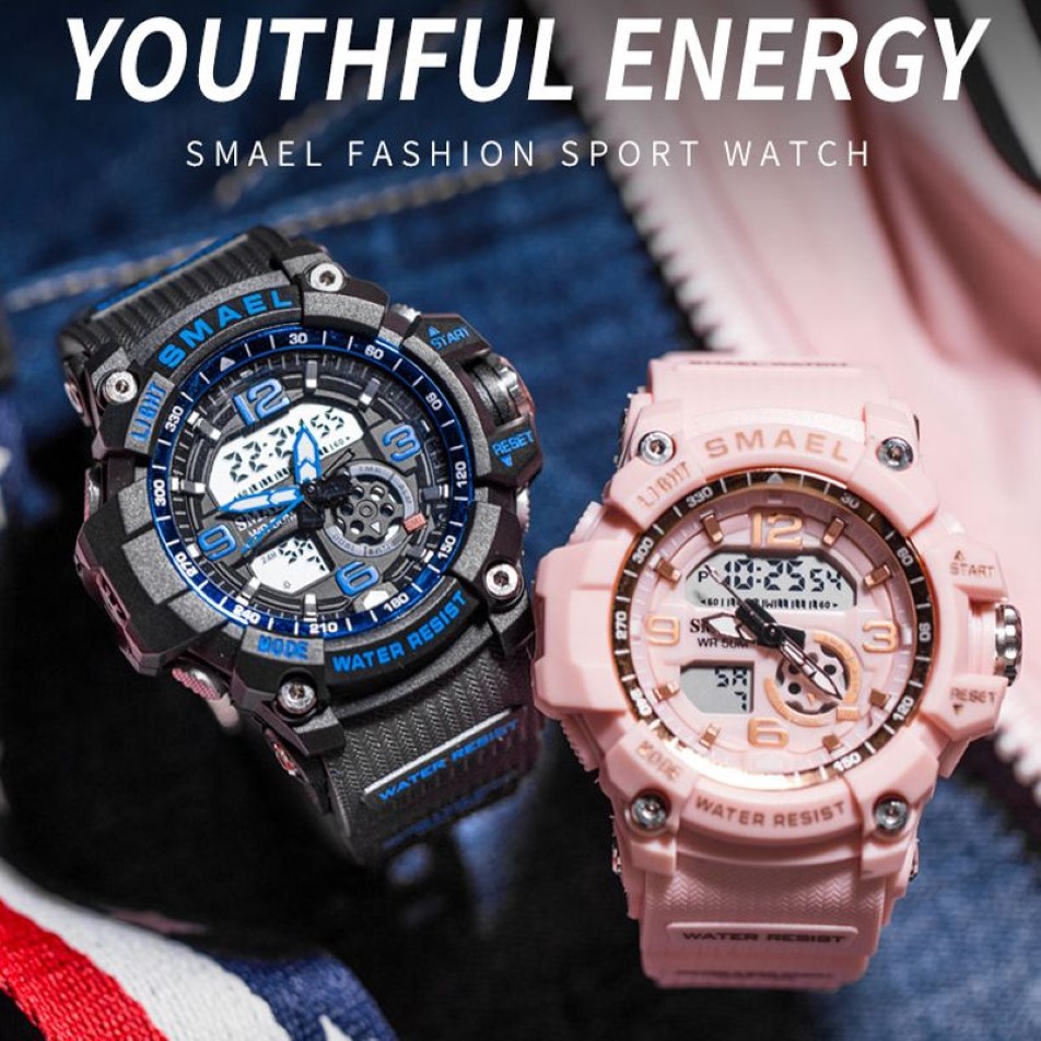 SMAEL Reloj deportivo digital para mujer Reloj electrónico de cuarzo con pantalla de doble núcleo LED Relojes impermeables Reloj de pulsera informal para estudiantes Reloj para niña 20225Y