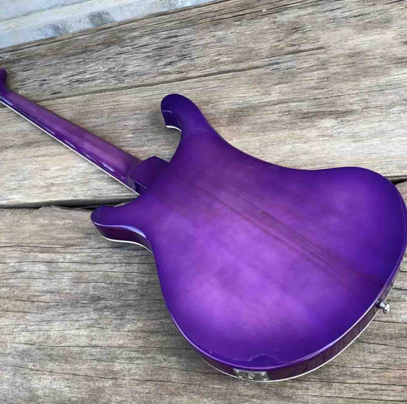 Anpassad Rickenback -stil 4003 Electric Bass Guitar, Transparent Purple, Basswood Body, Maple Neck