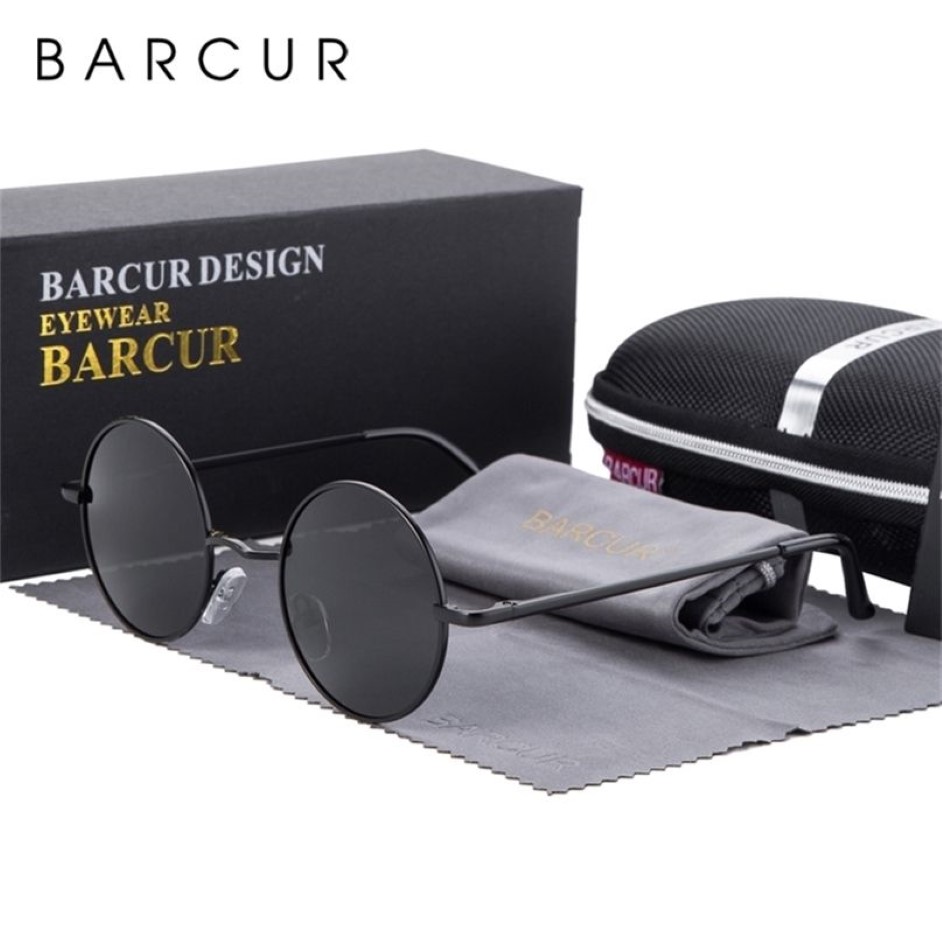 Barcur Retro Round Sunglasses Men Mirror Mirlor Whotarized Glasses with Box 2205142376