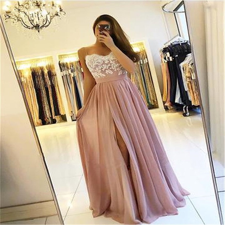 2021 Blozen Roze Lange Bruidsmeisjekleding Hoge Kant Split Spaghetti A-lijn Applicaties Chiffon Bruiloft Gast Jurk Prom Party Gowns288A