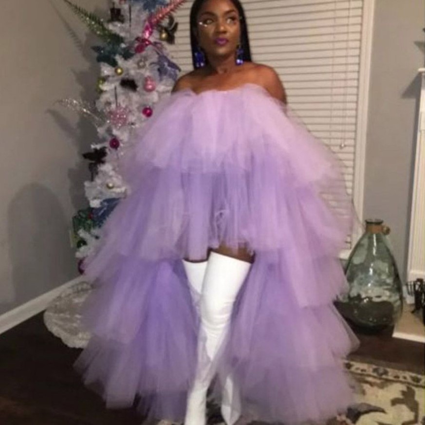 Lavender Tulle Hi Low Homecoming Dress Straplees Party Dresses Tiered Ball Gown Cocktail Dress High Low Skirt Tutu Women Formal Ve256j