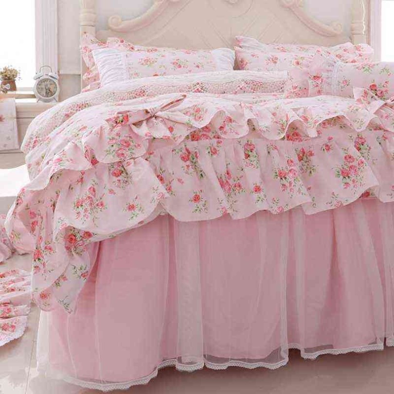100% Katoen Bloemenprint Prinsessenbeddengoed Set Twin King Queen Size Roze Meisjes Kanten Dekbedovertrek Met Ruches Sprei Bedrokset T2218t