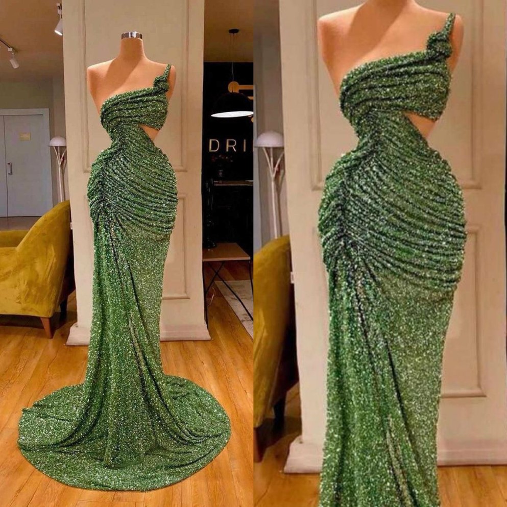 2020 Glitter Mermaid Evening Dresses 스팽글 스팽글 레이스 1 어깨 스윕 기차 형식 파티 가운 맞춤형 긴 무도회 드레스 225e