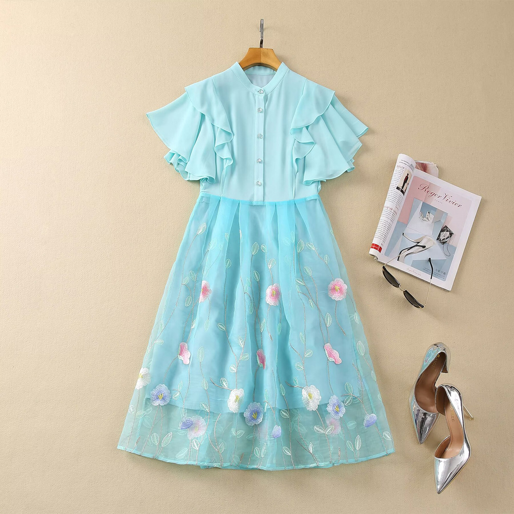 2024 Summer Embroidery Print Women's Dress Stand Collar Zipper Ruffle Short-Sleeve Woman's Casual Long Dresses AS077