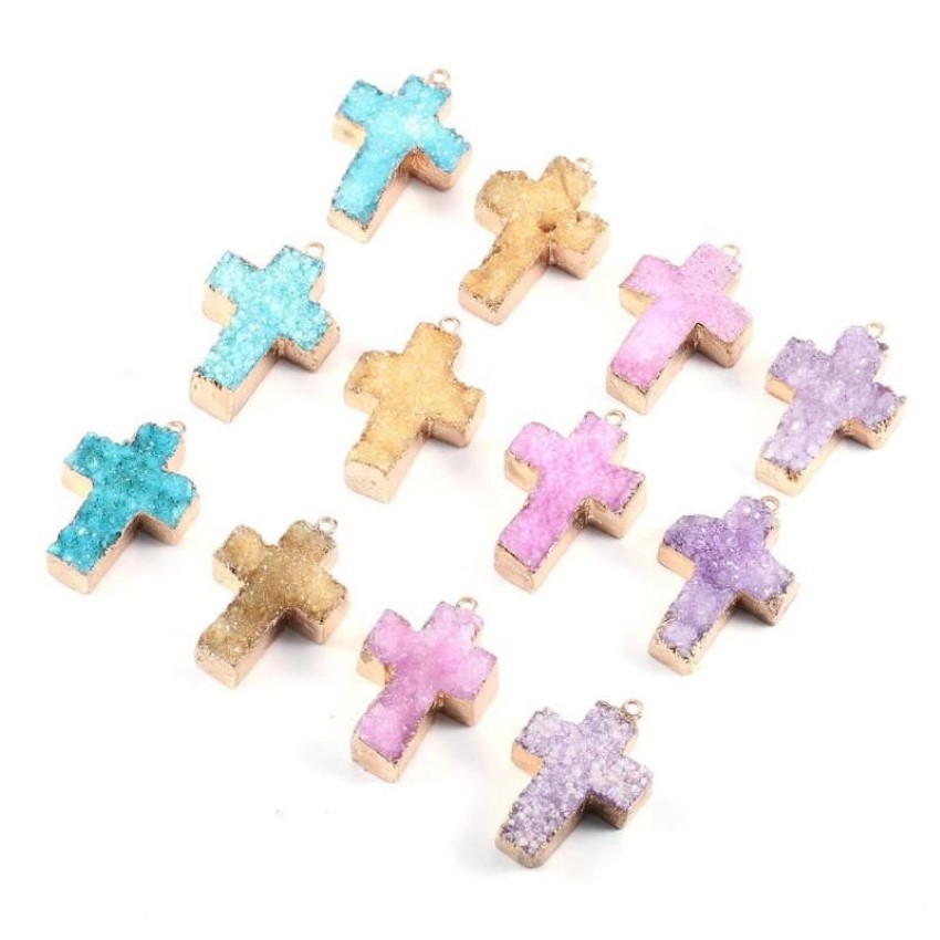 Charms Natural Stone Cross Agate Crystal Bud Gold Plated Pendant för smycken MakingDiy Necklace Earring Accessories Gems Gift255L