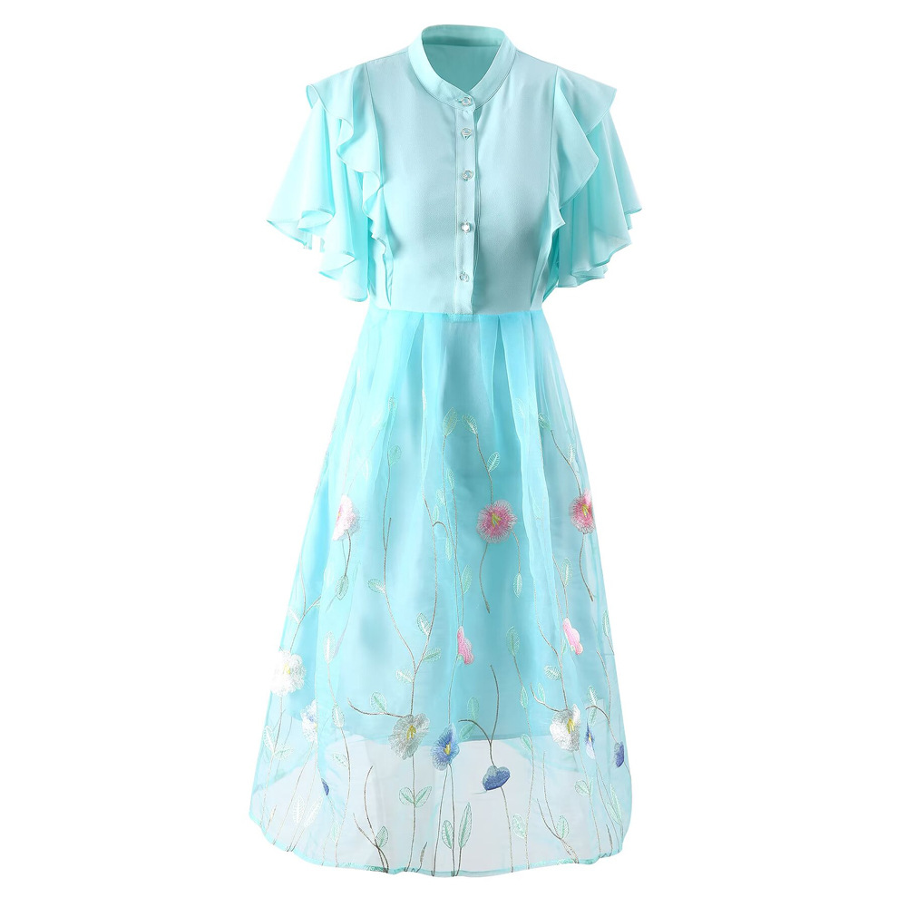 2024 Summer Embroidery Print Women's Dress Stand Collar Zipper Ruffle Short-Sleeve Woman's Casual Long Dresses AS077