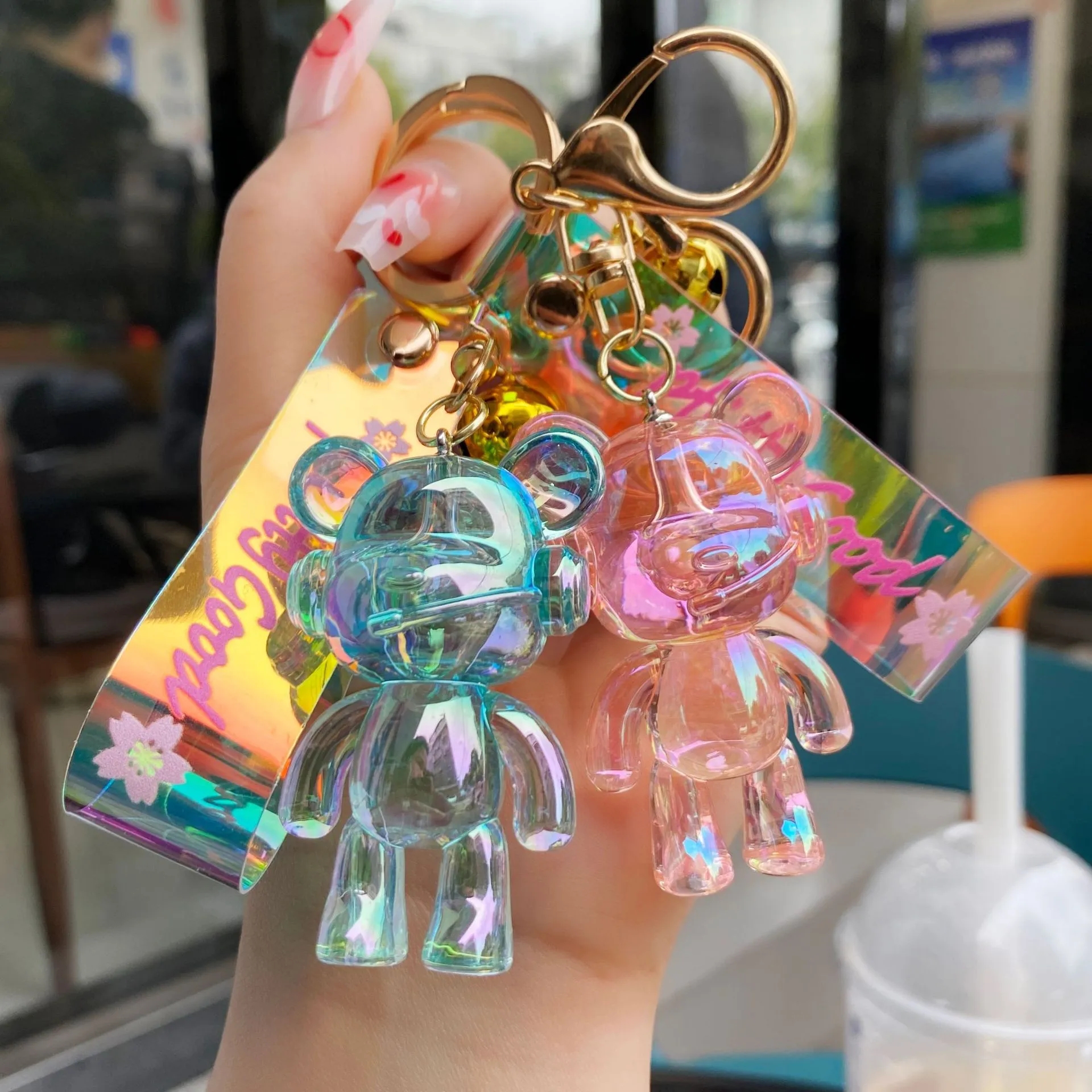 2024 New acrylic transparent music bear keychains creative car bag lovers key chain small pendant wholesale