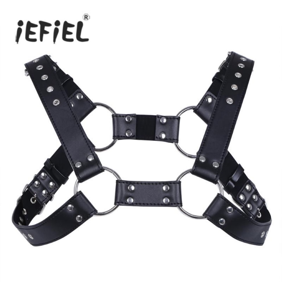 Cintos IeFiel Sexy Men Lingerie Faux Couro Ajustável Corpo Harness Bondage Traje com Fivelas para Roupas Masculinas Acc223l