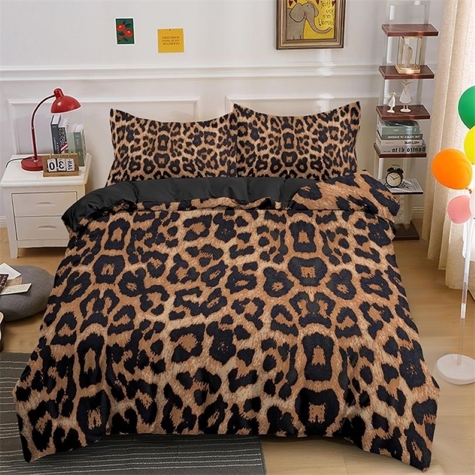 Sängkläder sätter leopardtryck sängkläder set djur hud täcke täckning för barn tonåringar vuxna quilt täckning polyester täcke med pil269r