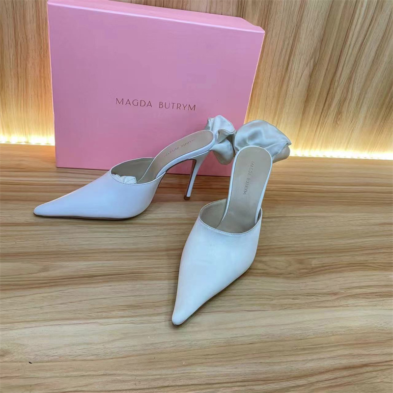 Magda Butrym Faux-Pearl flower Embellished satin mules high heeled pumps Pointed Toe Slip-on designers Sandals Women's Evening Party Wedding shoes factory footwear