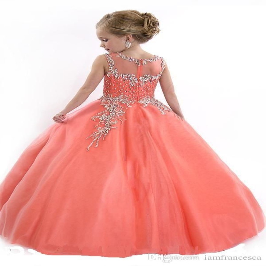 Little Girls Pageant Dresses Princess Tulle Sheer Jewel Crystal Beading White Coral Kids Flower Girls Dress Birthday gowns279s