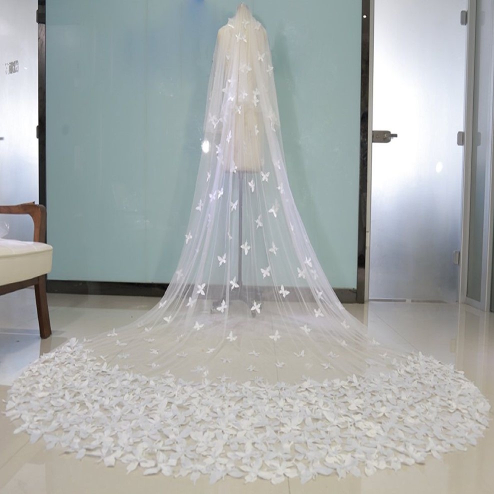 Long Ivory White Bridal Veils 3D Floral Butterfly Lace اثنين