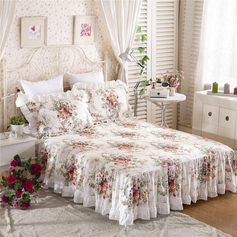 Top floral impresso plissado cama saia colcha capa de colchão 100% cetim algodão folha cama princesa casa têxtil bedclo239y