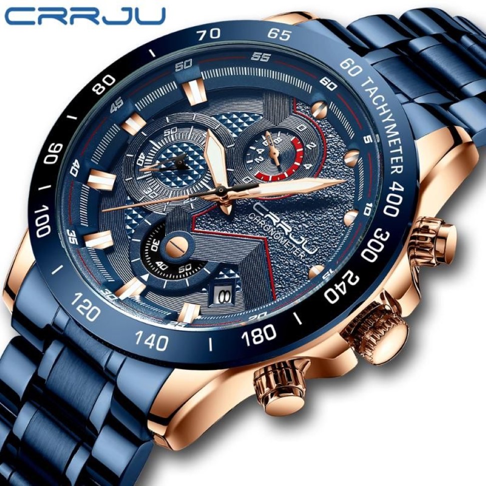 손목 시계 현대 디자인 crrju menes 시계 블루 골드 큰 다이얼 쿼츠 톱 캘린더 손목 시계 크로노 그래프 스포츠 맨 시계 249Z