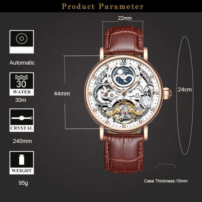 KINYUED часы со скелетом механические автоматические часы мужские спортивные часы повседневные деловые наручные часы с луной Relojes Hombre 210910266u