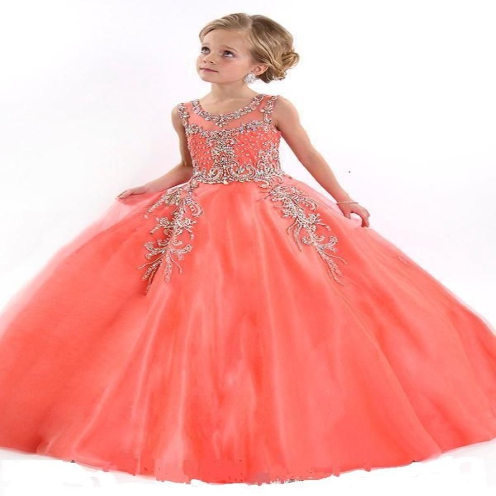 Little Girls Pageant Dresses Princess Tulle Sheer Jewel Crystal Beading White Coral Kids Flower Girls Dress Birthday gowns279s