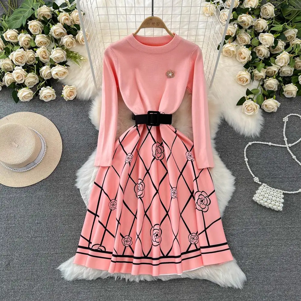 Casual Dresses Autumn Winter Elegant Women Mini Dress Lady Vintage Casual Chic Knitted Stretchy Belt Pleated Street Robe Femme Vestidos 2024