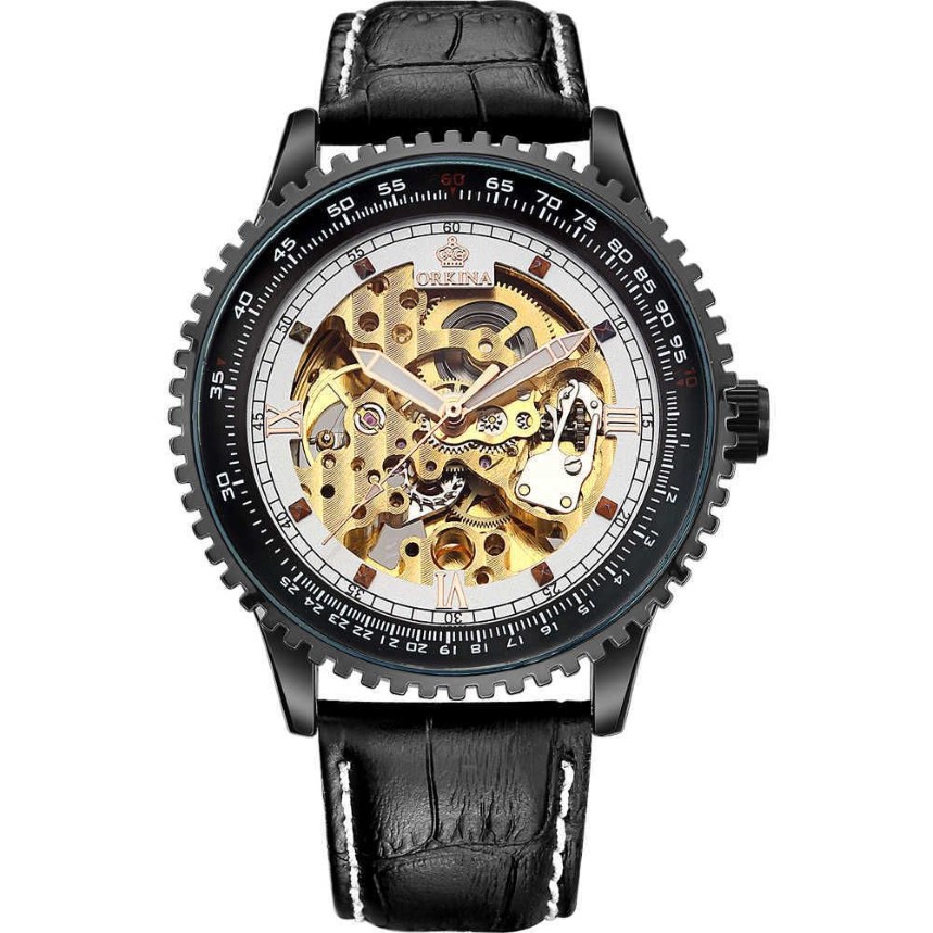 Orkina grande dial esqueleto automático relógios mecânicos homens pulseira de couro preto masculino relógios de pulso homem relógio relogio masculino 2107229g