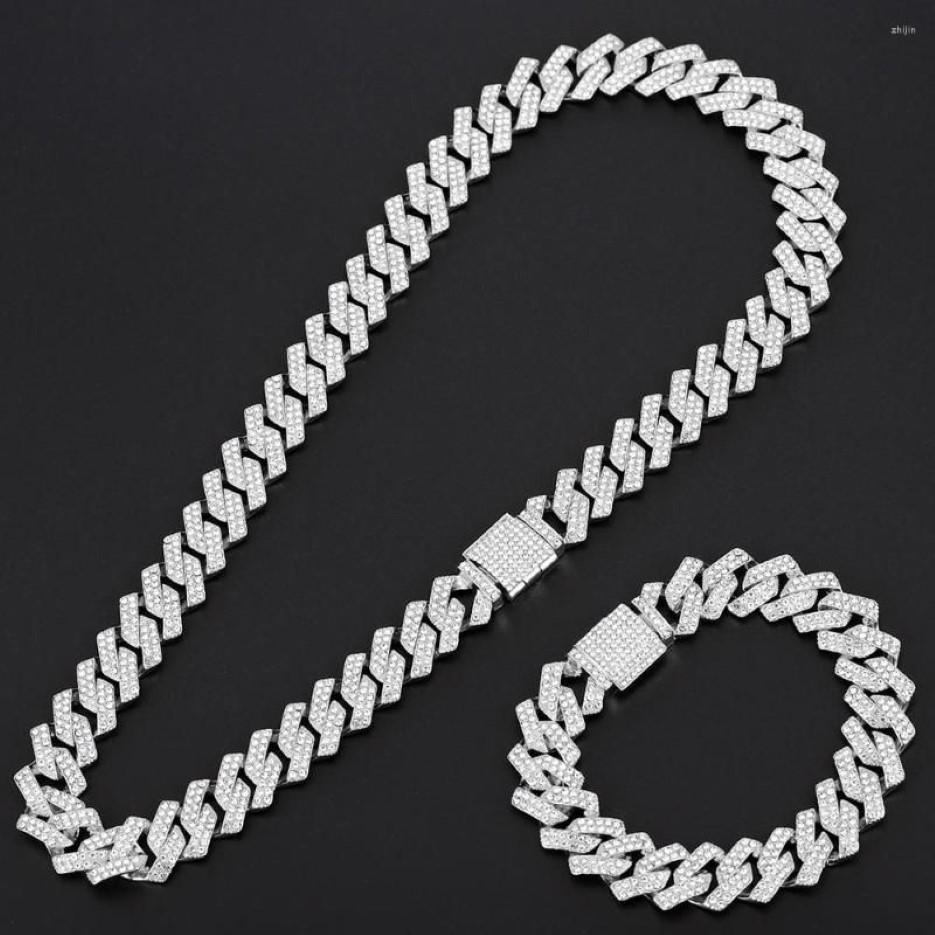 Chains 15mm Miami Prong Cuban Chain Link Silver Color Necklaces 2 Row Full Iced Out Rhinestones Bracelet Set For Mens Hip Hop253b