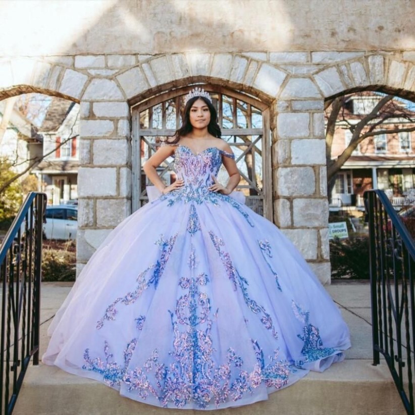 Лавандовое платье Quinceanera 2021, с открытыми плечами, аппликациями, блестками и бантом, бальное платье принцессы на шнуровке Sweet 16, Vestidos De 15 A os258W